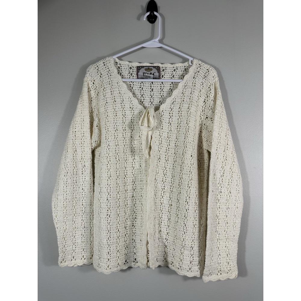 VTG Tiara International Crochet Cardigan Small Open Knit Boho Beachy Cottage